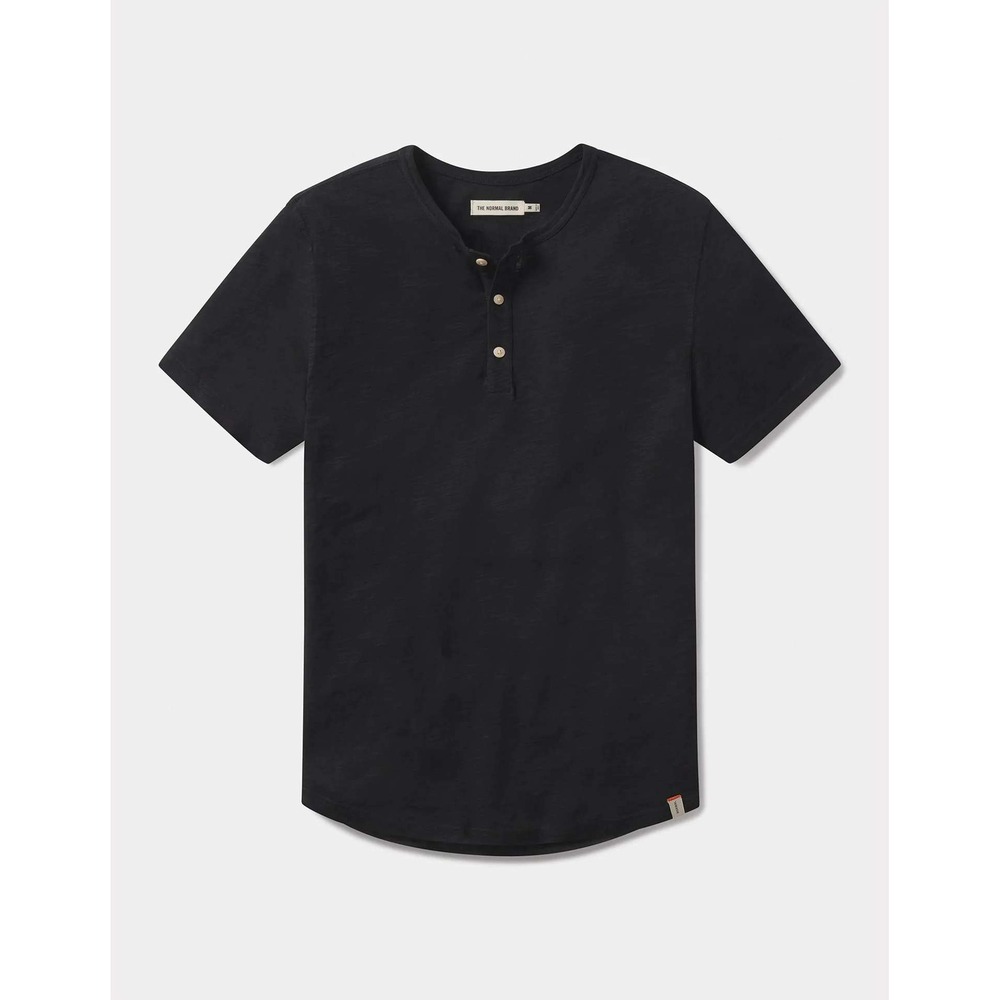 The Normal Brand Mens Slub Cotton Henley Short Sleeve Shirt Black Size L